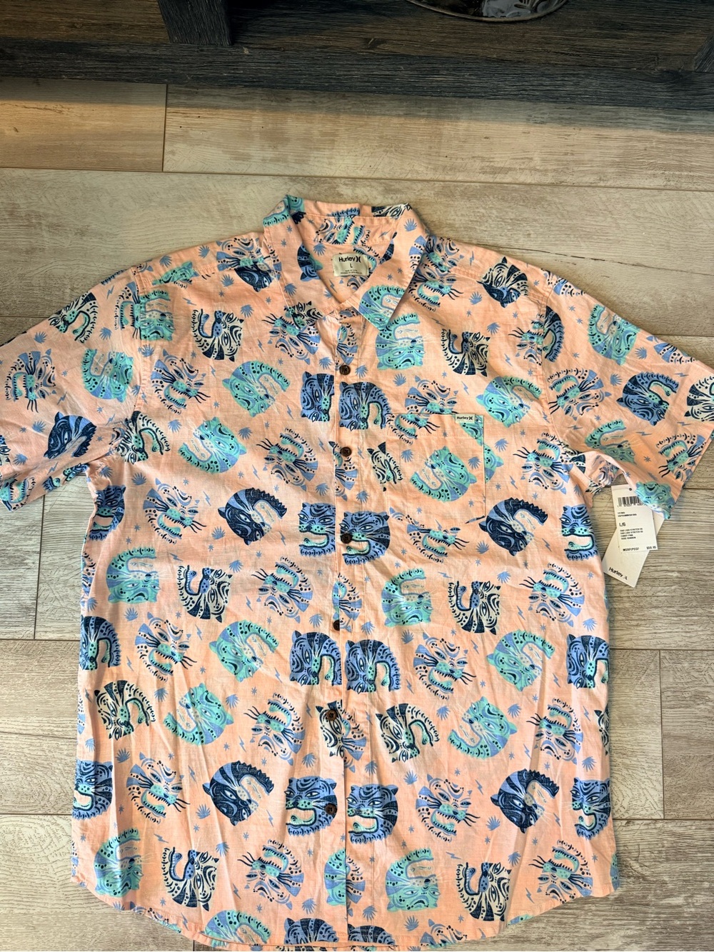 Hurley Lido Stretch Men’s Large Candy Pink Tiger Print Button-Up Shirt NWT